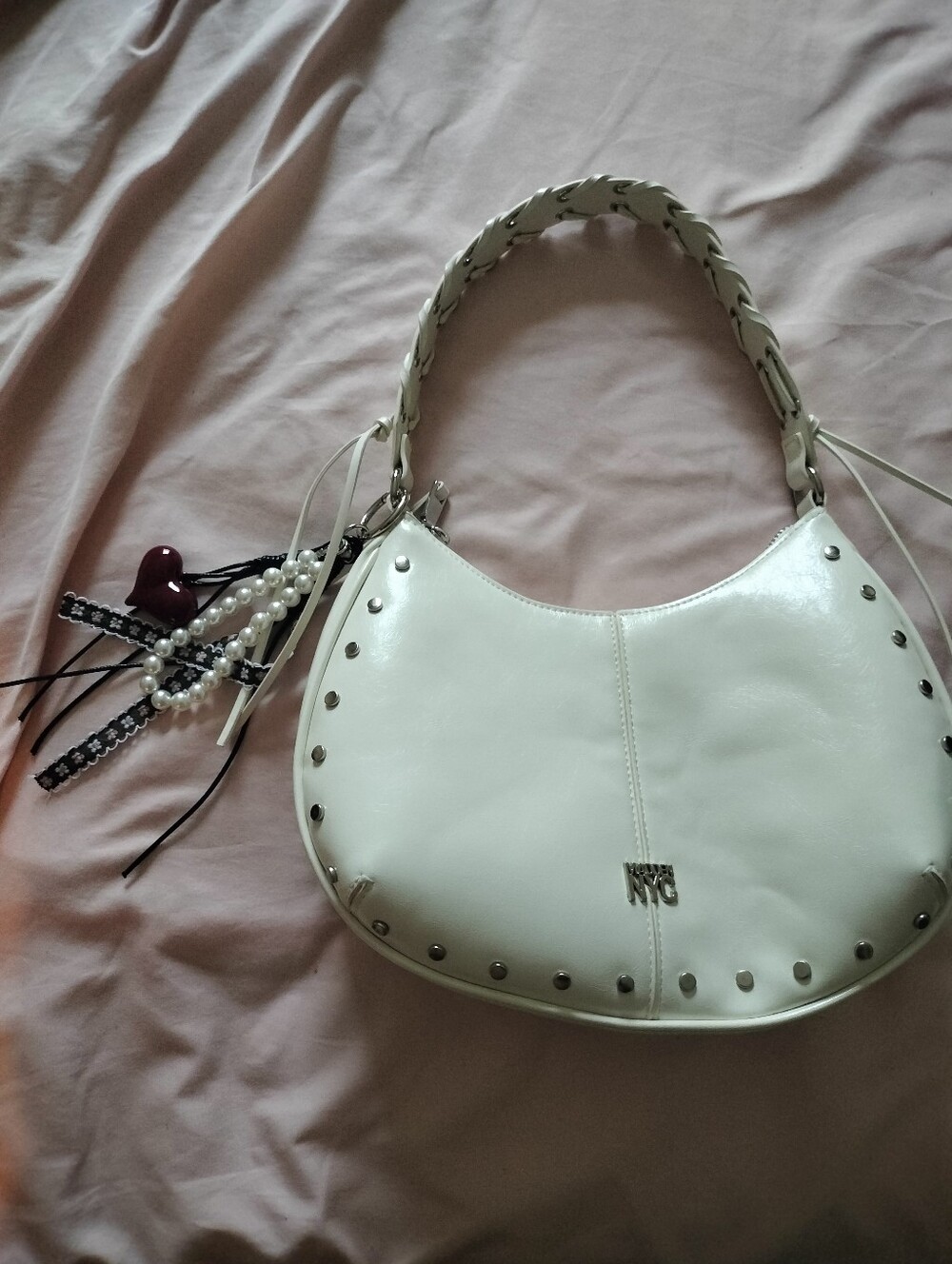 NYC White Studded Shoulder Bag with Braided Handle and Charm